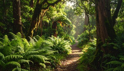 Obraz premium A sun-dappled forest path winding through lush green ferns and towering trees, creating a serene and inviting atmosphere