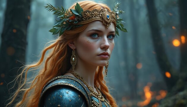 Nordic warrior woman with long red hair wears golden crown adorned with leaves. Fierce blue eyes gaze ahead. Armor gleams in mystic forest setting. Fire sparks dance around her.