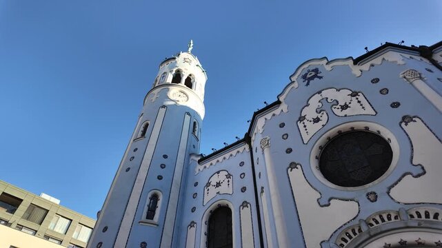 Famous Blue Church of St. Elizabeth in Bratislava, Slovakia, Slow Motion