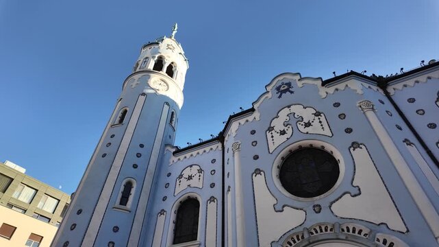 Slow motion macro of the Blue Church facade in Bratislava