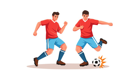 Fototapeta premium Dynamic duo of soccer players in matching red jerseys and blue shorts engaged in energetic football action one dribbling with intense focus the other