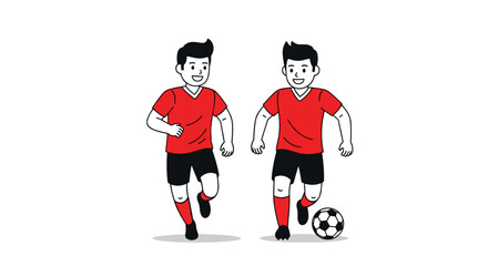 Obraz premium Dynamic duo of cartoon soccer players in red jerseys and black shorts dribbling a ball showcasing teamwork and athletic action on a clean white