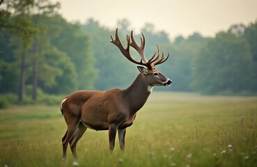 Obraz premium Majestic white-tailed deer buck stands in green meadow. Large antlers are visible. Forest edge provides natural background. Soft light illuminates the wild mammal. Buck poses alertly in summer.