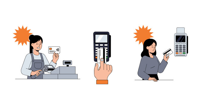 Vector illustration of contactless payment methods showing a cashier with credit card a hand inserting card into terminal and a customer paying