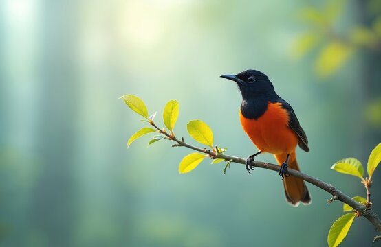 Male scarlet minivet bird with black head sits on tree branch. Small vibrant animal with orange chest and black wings rests in green foliage. Nature scene captures wild creature in forest habitat.