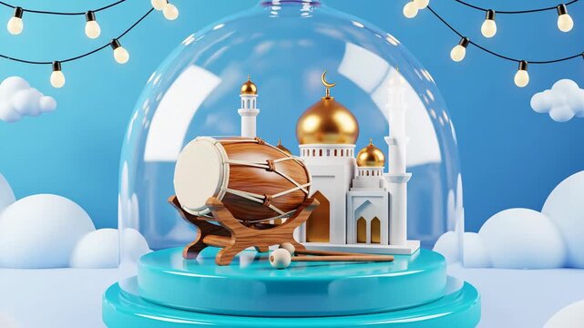 Festive Islamic celebration featuring a miniature mosque and bedug drum under a glass dome, perfect for holiday greetings or religious event promotion.