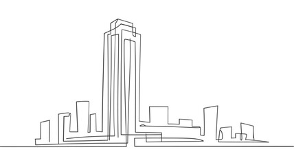 Obraz premium Continuous line drawing of a modern city skyline with a tall skyscraper