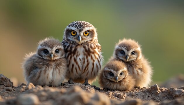 Adult owl stands with three fluffy owlets on rocky ground. Young birds have large eyes and soft downy feathers. Family looks forward in soft morning light.