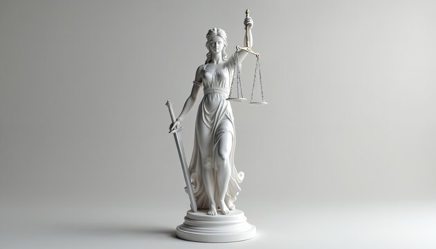 White statue of Lady Justice, symbol of law and order. She holds scales to weigh evidence and a sword for enforcement. Blindfolded for impartiality, this classic figure represents fairness and truth.