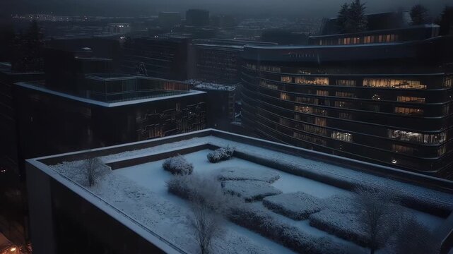 A cityscape draped in winter dusk, with snow-covered rooftops and illuminated buildings