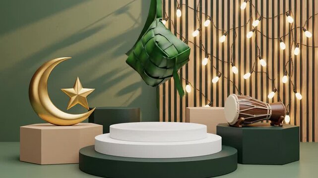 Elegant 3D podium display featuring golden crescent, hanging ketupat, and drum against fairy lights for Ramadan and Eid product promotion.