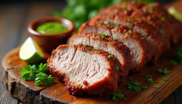Sliced roasted pork pernil with green sauce and lime. Savory meat dish prepared with spices on wooden board. Delicious cuban cuisine entree garnished with herbs.