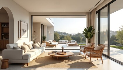 Fototapeta premium Modern living room with open terrace overlooks green hills. Bright, airy space features comfortable sofas, rattan chairs, wooden furniture. Sunny day with natural light illuminates luxurious home