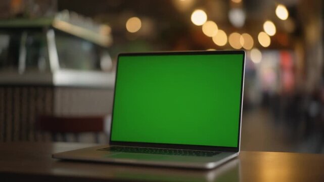 Laptop computer with a green screen on the table.