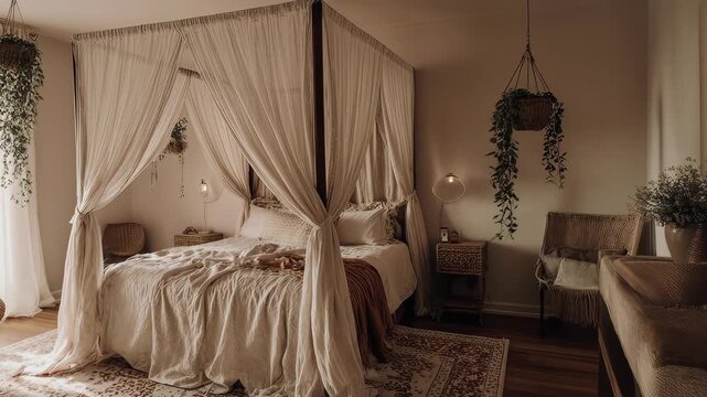 A cozy bedroom features a four-poster bed, wicker chairs, plants, and natural light