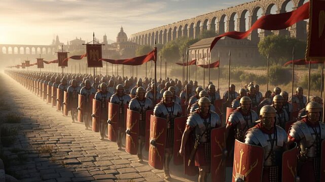 Ceremonial Roman legions march toward city at dawn with banners