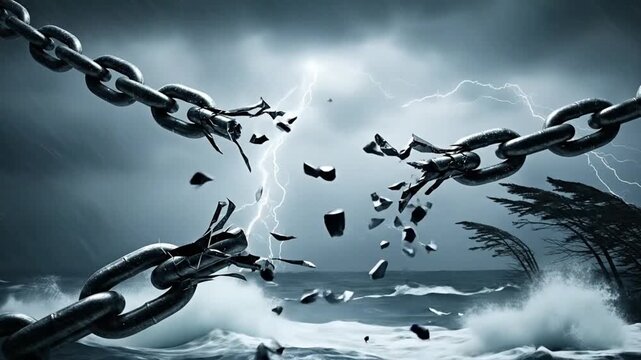 A dramatic scene of chains breaking against a stormy ocean backdrop.
