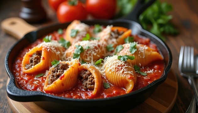 Hearty stuffed pasta shells with rich meat filling, covered in savory tomato sauce and grated cheese. This comforting Italian dish is ready to be served on a cast iron pan.