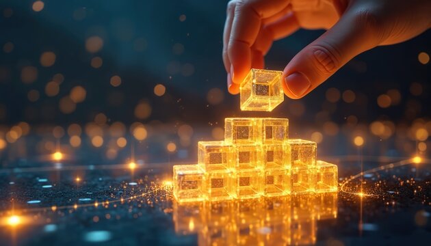 Hand places glowing cube atop digital stack. Building blocks of future tech organize data. Innovation forms geometric structure, representing growth and progress.
