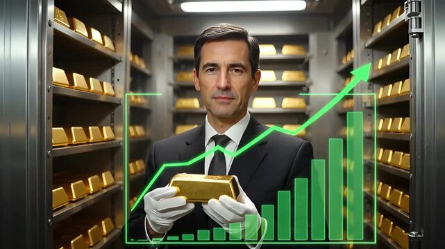 portrait of a man in a gold vault with an ingot in his hands, a translucent green graph with a histogram and an arrow up is superimposed on the video, indicating financial growth