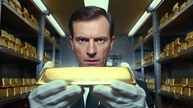 serious man in a formal suit and white gloves holds a large gold bar in front of him in a bank vault, around him are shelves with gold reserves and a safe door