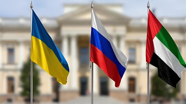 three flags &mdash; ukraine, russia and the united arab emirates &mdash; stand on flagpoles indoors against a blurred classical building, symbolizing the international political arena