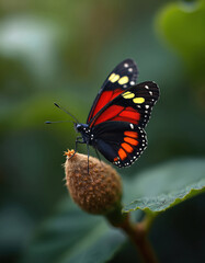 Red black butterfly with yellow spots rests on fuzzy bud. Insect wing pattern shows details. Soft green bokeh background. Nature macro closeup. Life cycle study.