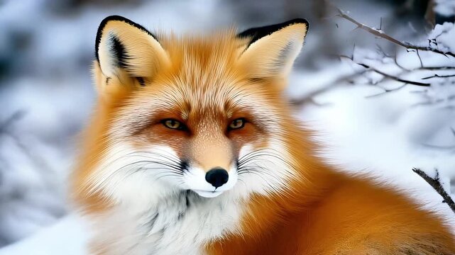 Red fox resting in snow-covered forest with winter background  