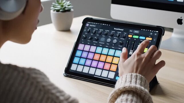 Young adult woman wearing headphones uses tablet music production app at home studio desk, hands on touch mixer pads, creative workflow for podcast editing, World Music Day