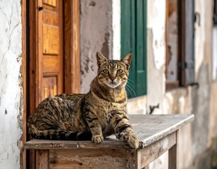 A tabby cat reclines serenely on a weathered wooden table outside. Architectural elements such as doors, windows, and aged stucco surround it