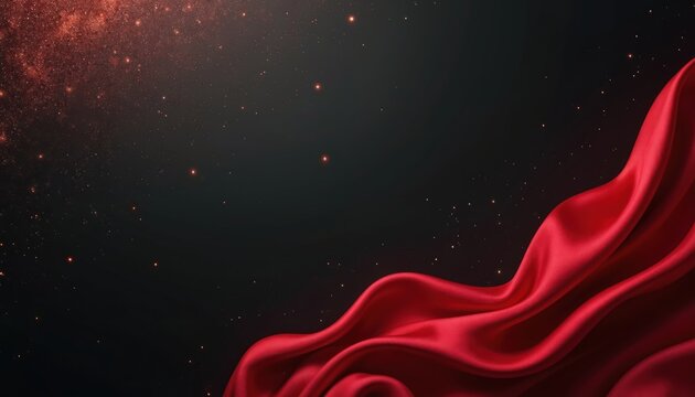 Red silk fabric flows over dark background with glowing sparkles. Luxurious texture, abstract design for celebration or event promotions. Elegant presentation for premium products.