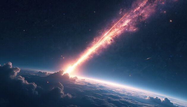 Bright meteor streak burns across starry sky above planet clouds. Cosmic event, asteroid impact or comet tail approaches Earth. Celestial, space, danger, destruction concepts.