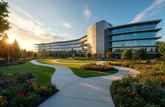 Modern medical center complex with glass facades, manicured green gardens. Building features elegant architecture, curving structure with floral landscaping. Healthy environment for wellness, healing.