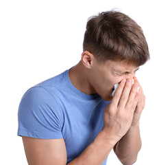 Fototapeta premium Young man with runny nose on white background. Cold symptom
