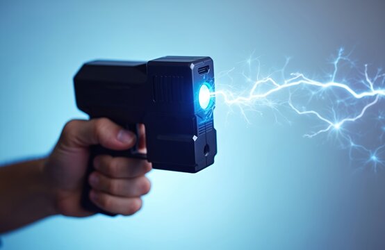 Hand grips black taser gun emitting blue electric arc. Device for self defense, non lethal weapon, security tool. High voltage discharge sparks.