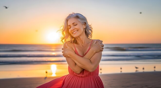 Happy mature woman embracing herself on peaceful beach at golden sunset moment