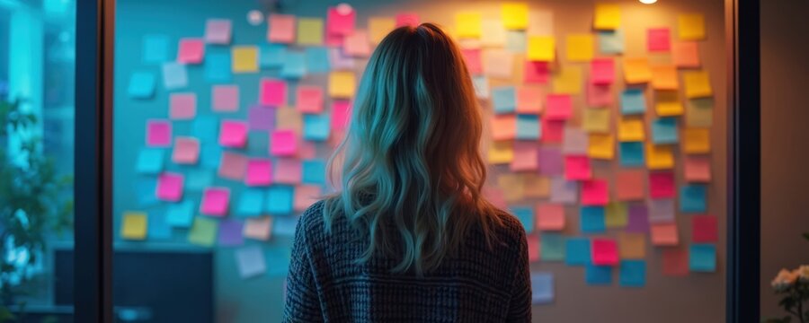 Woman observes wall covered with colorful sticky notes, contemplating ideas. Person thinks about project plan in office. Mind mapping process in modern workspace. Planning and strategy session.
