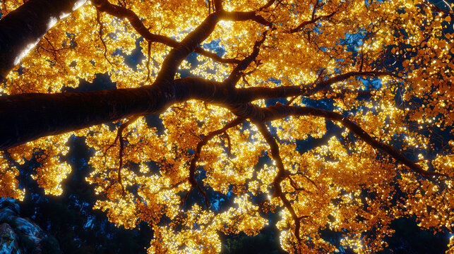 Majestic mustard tree with lush branches, palette of earthy brown, golden yellow, and deep green, natural botanical artwork, AI generated