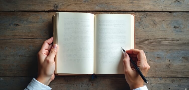 Hands hold pen over open book with blank pages on wood table. Ready for writing new story ideas, journaling thoughts, or creating a personal narrative. Starting a creative journey.