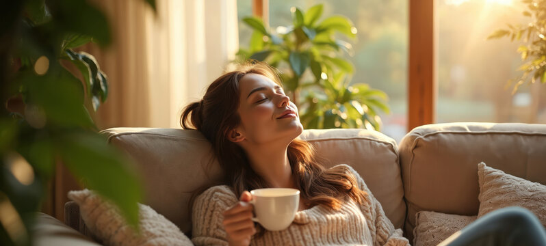 Woman sips hot coffee while resting on comfy couch. Sunlight streams through window, illuminating indoor plants. She smiles, enjoying peaceful moment at home.