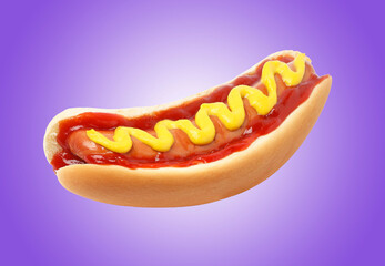 Delicious hot dog with ketchup and mustard on purple background. Street food