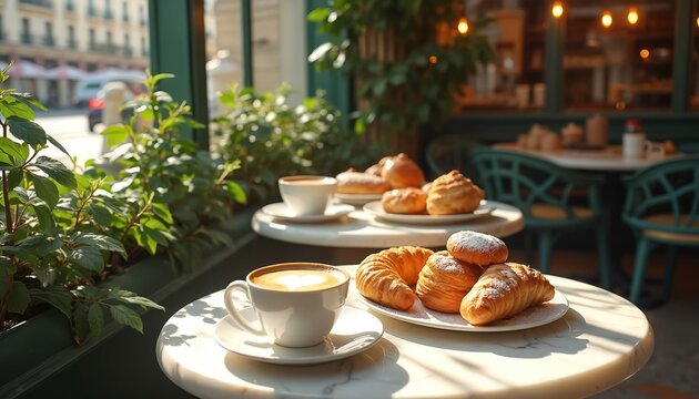 Cafe breakfast setting with coffee latte art and fresh pastries on outdoor table. Sunlight illuminates croissants and baked goods on marble tabletop near green plants, relaxed atmosphere.