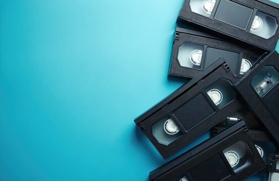 Pile of black VHS tapes scattered on a bright blue surface. These vintage videotapes represent 90s media and outdated tech. They evoke nostalgia for analog entertainment and old film.