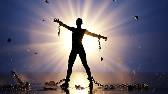 A silhouette breaking free from chains against a bright, dramatic background.