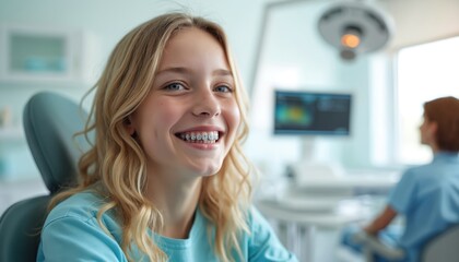 Teen girl with braces smiles happily in dental chair during orthodontic checkup. Modern clinic interior with dentist assistant in background. Positive youth experience with dental care.