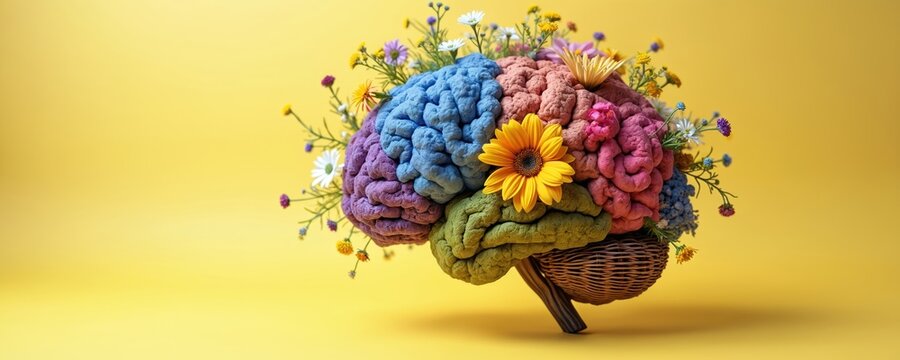 Colorful human brain composed of diverse wildflowers in basket. Represents neurodiversity mental health and unique thought processes. Vibrant mind concept banner.