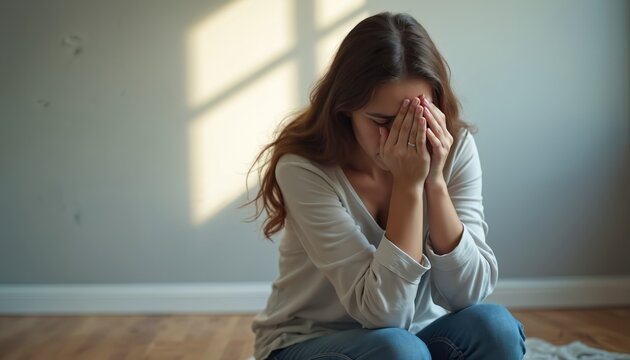 Young woman cries covering face with hands, overwhelmed by sadness and distress. Sitting alone on floor indoors, dealing with trauma, seeking help, showing struggle and pain.