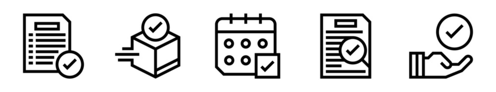 Conjunto de iconos de cumplimiento de la orden. Verificaci&oacute;n de procesos, entrega eficiente, control log&iacute;stico, validaci&oacute;n documental, gesti&oacute;n operativa. Ilustraci&oacute;n vectorial lineal