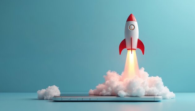 Rocket launches from smartphone with smoke clouds. Concept of mobile app startup success or fast digital innovation and growth. New tech adventure starts.