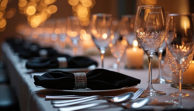 Elegant table setting with black napkins crystal glasses and candles. Formal place setting with silverware and plates for event or gala dinner. Warm ambient light creates festive atmosphere.